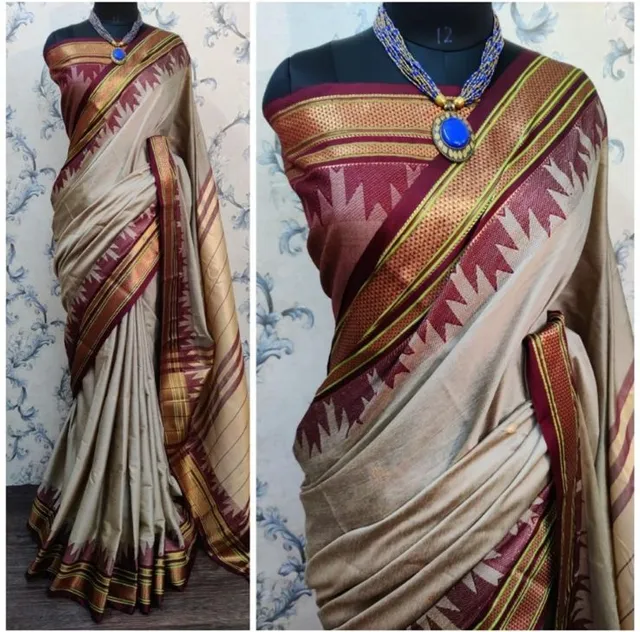 Cotton Silk Saree with Temple Paithani Border - Fawn and Maroon