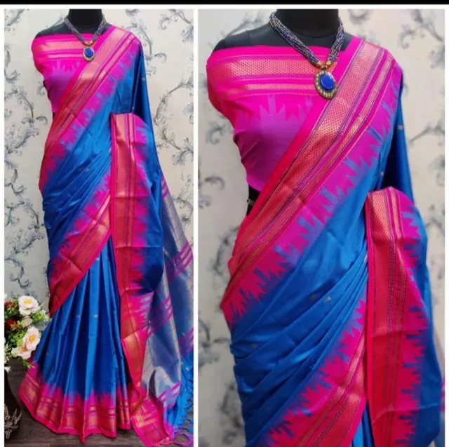 Cotton Silk Saree with Temple Paithani Border - Bright Blue & Pink