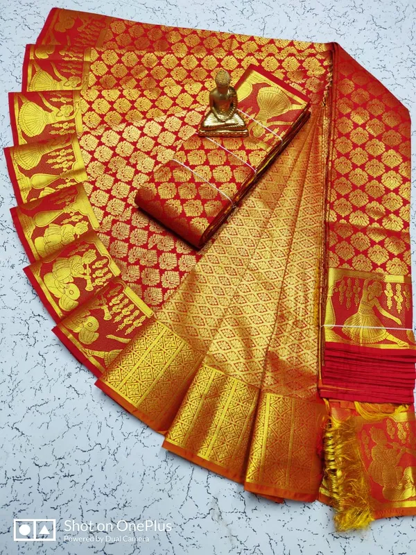 Red Kanchipuram Silk Saree with Heavy Zari work and Golden Aanchal