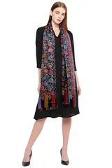 Black Pure Pashmina Kani Stole with Multicolor Floral Weaves