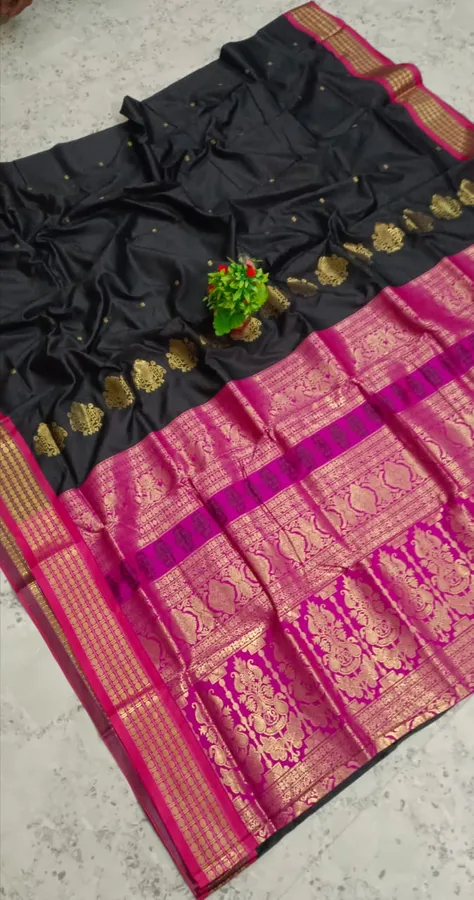 Bomkai silk saree in Black with Rani Pink Aanchal
