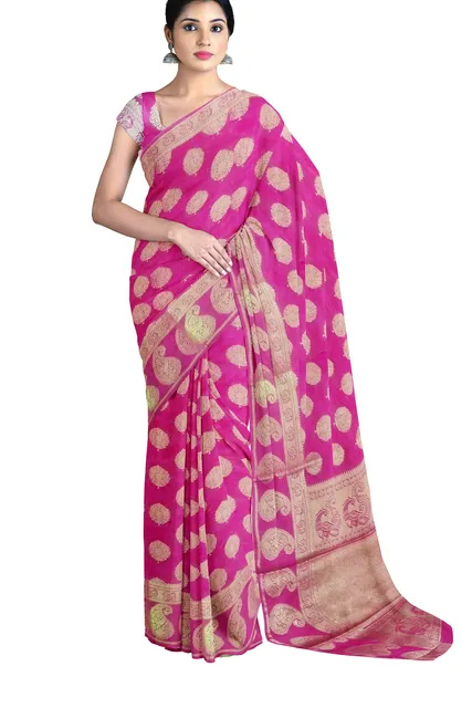 Banarasi Pure Dupion Silk with all over zari butis -Rani Pink and Gold