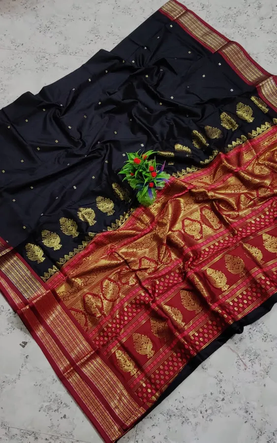 Bomkai Silk Saree in Black with Red Aanchal