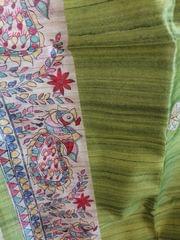 Bhagalpuri Pure Tussar Silk in Pear green with Handblock Madhubani Print