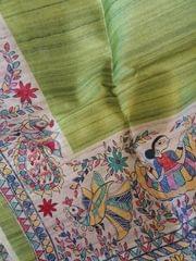 Bhagalpuri Pure Tussar Silk in Pear green with Handblock Madhubani Print