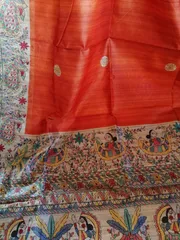 Bhagalpuri Pure Tussar In Orange With Beautiful Handblock Madhubani Print