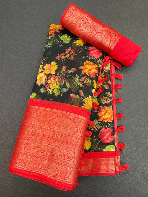 Pure Soft Linen Saree in Black and Tomato Red with 9 inches Jacquard Border