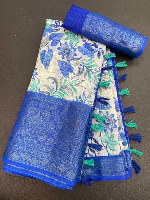 Pure Soft Linen Saree in White And Indigo Blue with 9 inches Jacquard Border