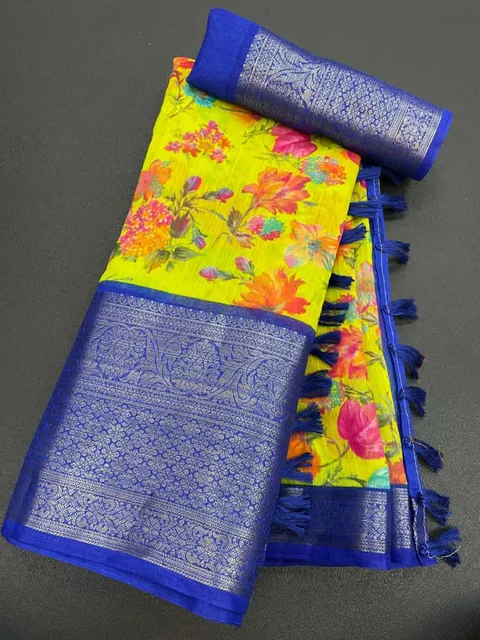 Pure Soft Linen Saree in Canary Yellow and Indigo Blue with 9 inches Jacquard Border