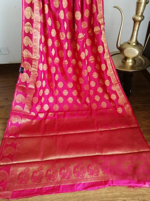 Pure Banarasi Dupion Silk Saree in Rani Colour with Traditional Zari Butis and Heavy Aanchal