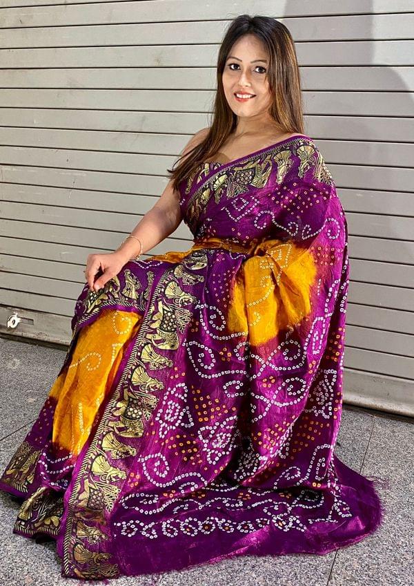 Block Print Bandhini Soft Silk Saree in Bright Yellow and Lilac
