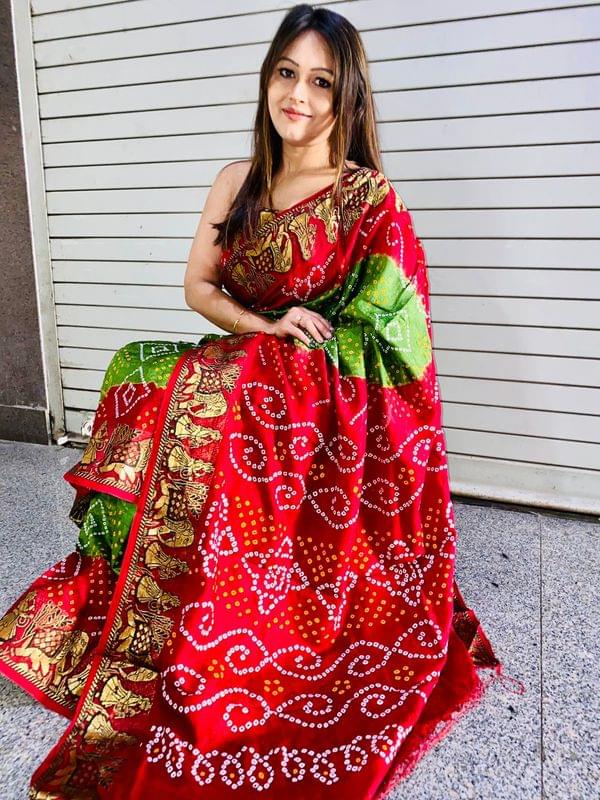 Block Print Bandhini Soft Silk Saree In LIme Green and Tomato Red