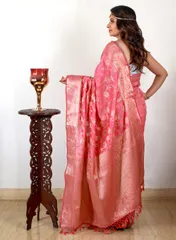 Bishnupuri  Bengal Silk Saree with all over zari jaal weaving - heavy aanchal and border/ Bubblegum Pink