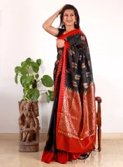 Smart and Elegant Black Bangalore Silk Gadwal Saree with contrast Red Aanchal with Heavy Antique Zari Work