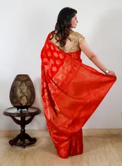Pure Banarsi Dupion Silk Saree in Red Colour with Traditional Zari Butis and Heavy Aanchal