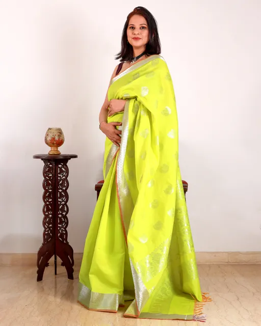 Fluorescent Lime Green Pure South Cotton Saree with Silver Zari work