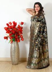 Pure Banarsi Katan Silk  Designer Saree in Black with Zari Jaal  and Meenakari work