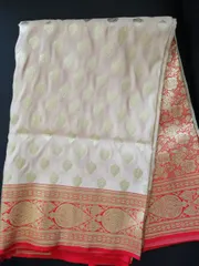 Banarsi Katan Silk Saree in Cream contrast Red and Gold Border and Aanchal