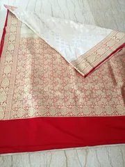 Banarsi Katan Silk Saree in Cream contrast Red and Gold Border and Aanchal