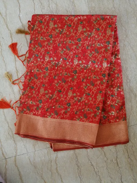 Kashmiri Jamawar Silk Saree in Tangerine Orange with All Over Resham and Zari Jaal Embroidery
