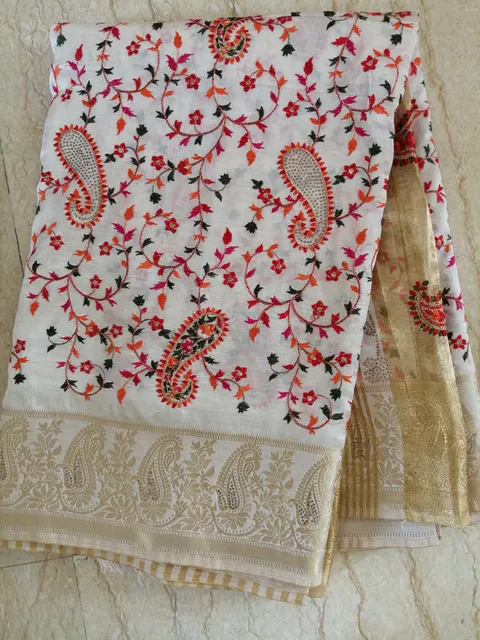 Off white Tussar Silk Saree with Beautiful Kashmiri Embroidery and Swarovski Work