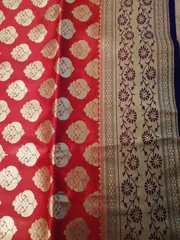 Banarsi Pure Katan Silk Saree in Red with Heavy Zari Work & with Contrast Navy Blue Aanchal and Mauve Border