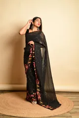 Beautiful Georgette Saree in Black with all over Sequence work and Cutwork Embroidery at the border