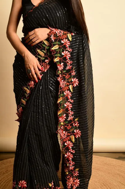 Beautiful Georgette Saree in Black with all over Sequence work and Cutwork Embroidery at the border