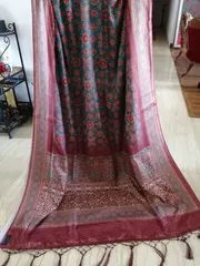 Green with Maroon Red Ajrakh Print Kota Saree with light Zari Lining in border and aanchal