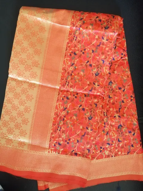 Kashmiri Jamawar Silk Saree in Bright Orange with all over Resham Jaal Embroidery