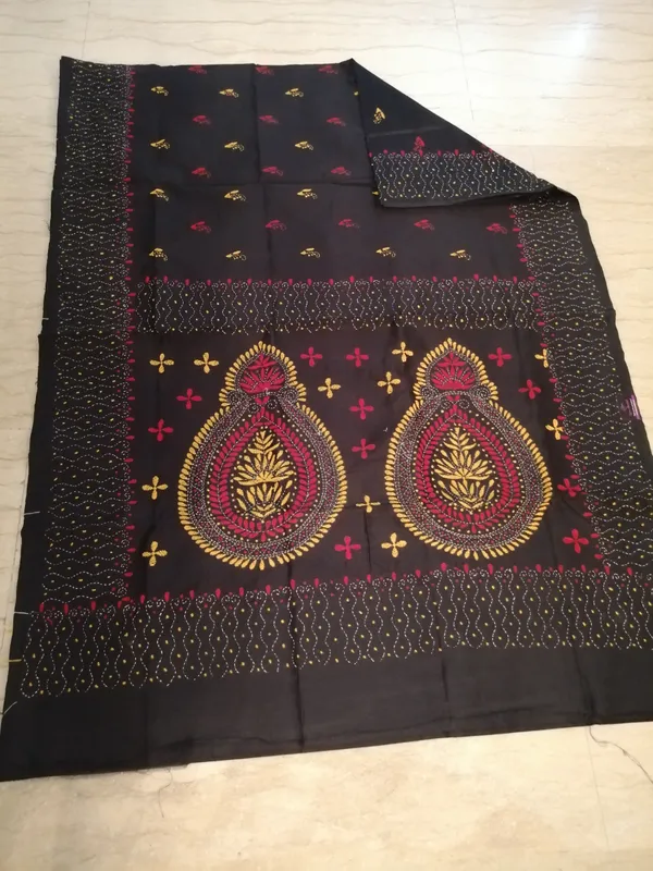 Bengal Silk Hand Embroidered Kantha Saree in Charcoal Black