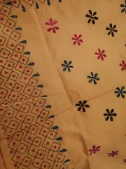 Bengal Silk Hand Embroidered Kantha Saree in Canary Yellow