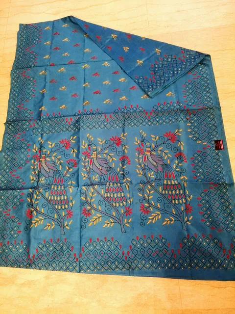 Bengal Silk Saree with Beautiful Kantha Embroidery on Firoza Blue