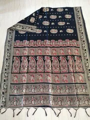 Fine Cotton Baluchari Saree In Elegant Black and Gold with Beautiful Traditional Mythological Figures