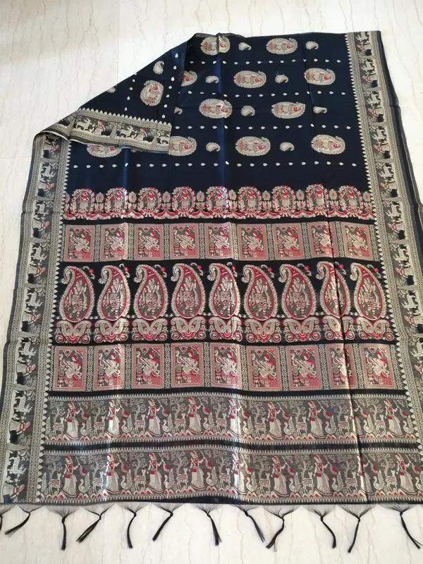 Fine Cotton Baluchari Saree In Elegant Black and Gold with Beautiful Traditional Mythological Figures