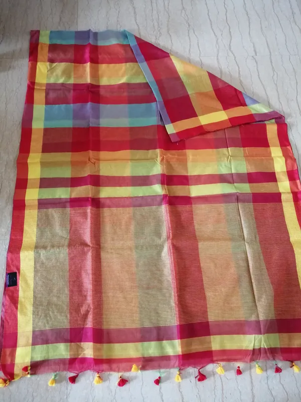 Pure Cotton Silk Saree in Smart Checks - Red, Yellow and Blue