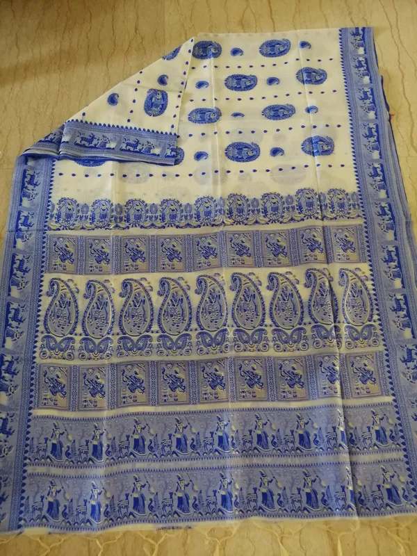 Bengal Soft Cotton Baluchari Saree in White with Indigo Blue and Gold weaves