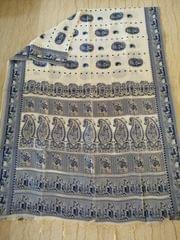Bengal Pure Soft Cotton Baluchari Saree in White with Prussian Blue and Gold Thread Weaves