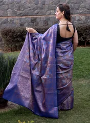 Banarsi Cotton Silk Brocade in Azure Blue with  All Over Copper Zari Weaving