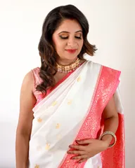 Beautiful Banarsi Kanjivaram Silk in White with Contrast Zari Woven Bubblegum Pink Border and Aanchal