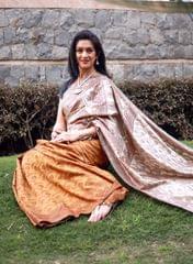 Pure Banarsi  Resham Woven Silk Saree in Chestnut Brown With Contrast Cream Border and Aanchal