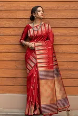 Beautiful Madurai Raw Tussar Silk Saree in Tomato Red with Striking Temple Design Border