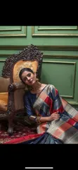 Beautiful Madurai Pure Raw Tussar Silk Saree in Blue, Grey, Red and Gold with Zari Weaves and Bishnoi Broad Border