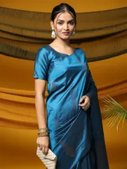 Pretty Nuten Bengal Soft Silk Saree in Turquoise Blue with Copper Zari Butas and Aanchal