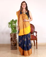 Beautiful Banarsi Pure Silk Saree in Indigo Blue and Canary yellow; Antique zari and Tilfi work
