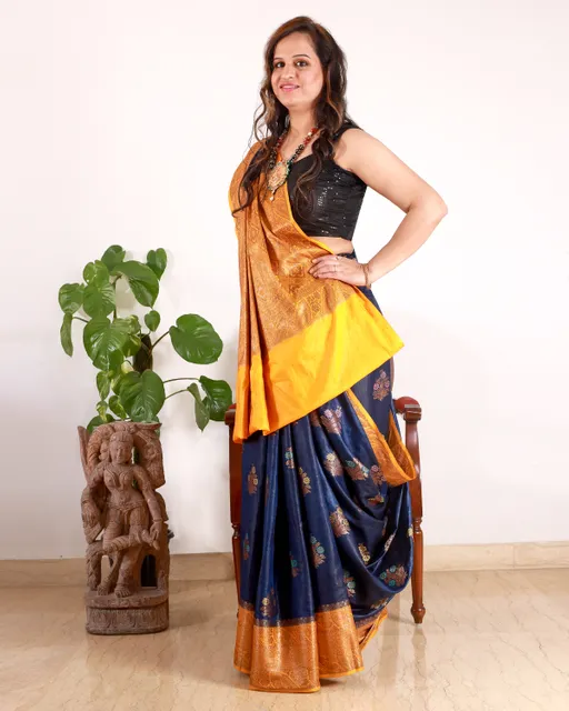 Beautiful Banarsi Pure Silk Saree in Indigo Blue and Canary yellow; Antique zari and Tilfi work