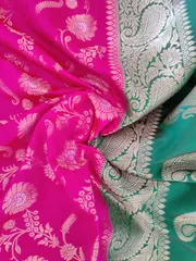 Beautiful Banarsi Pure Katan Kanjivaram Silk in cherry Pink with Green Border & Aanchal, Zari Jaal work all over