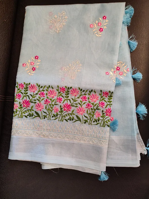 Beautiful Banarsi Tissue Silk saree in Sky Blue with Floral Hand Embroidery and Chikankari work