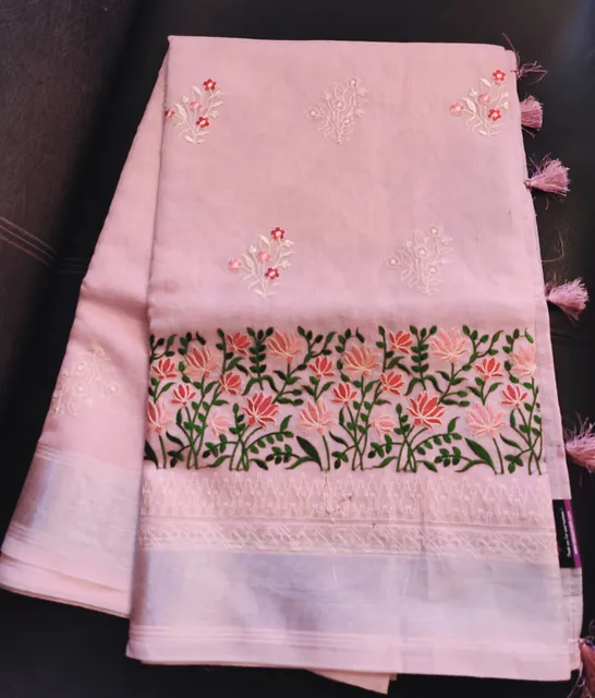 Beautiful Banarsi Tissue Silk Saree in Baby pink with Floral Hand Embroidery and Chikankari work