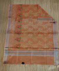 Beautiful Banarsi Tissue Silk Saree in Melon Orange with Carnation floral Hand Embroidery and Chikankari work
